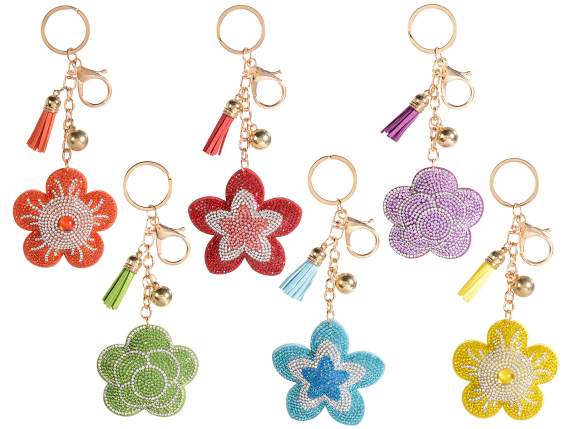 Flower charm-key ring with rhinestones and pendants